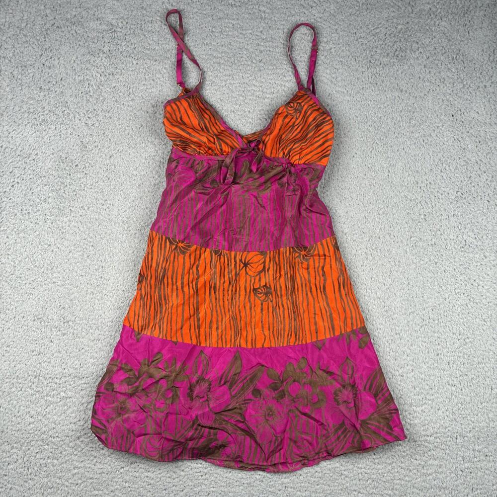 100% SILK Guess Pink and Orange Striped Floral Slip Dress